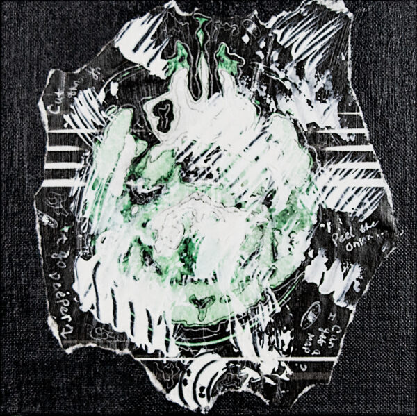 Emily-Emond-Brain-Manipulations-II-Torn-medical-scan-print-out-of-artist039s-brain-on-paper-with-white-pen-charcoal-and-modeling-paste-on-canvas-11.75X11.75X1