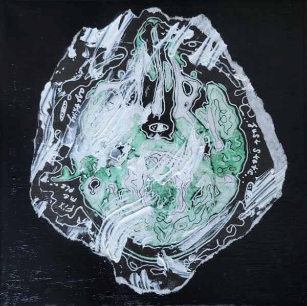 Emily-Emond-Brain-Manipulations-III-Torn-medical-scan-print-out-of-artist039s-brain-on-paper-with-white-pen-charcoal-and-modeling-paste-on-canvas.-11.75X11.75X1