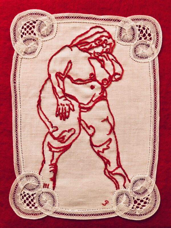 Sleeping-woman-Hand-embroidery-on-vintage-textile-9X11X1